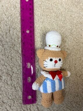 Handmade Plush cat with White Top Hat and Blue-White Dress